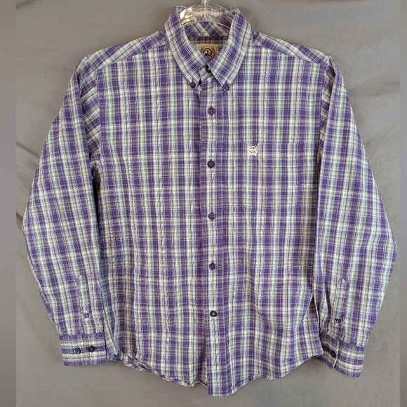 Cinch Size 10 Boys Button Down Shirt Purple White Green - Picture 2 of 9